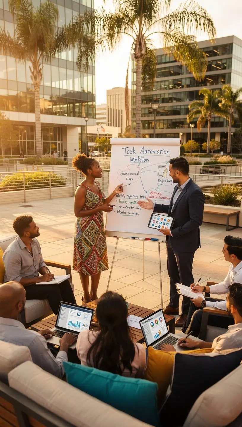 Visual representation of a streamlined workflow system with connected icons for tasks and automation.