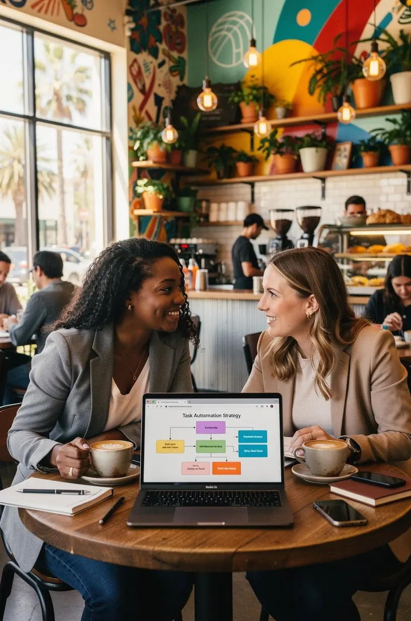 Team collaborating around a conference table with laptops and digital whiteboards showing project plans.