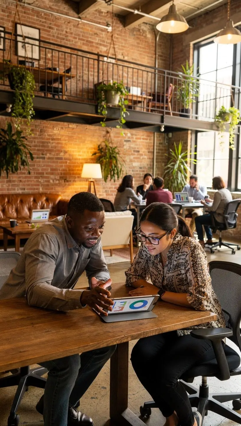 Professional workspace with multiple screens displaying workflow charts and automation software.
